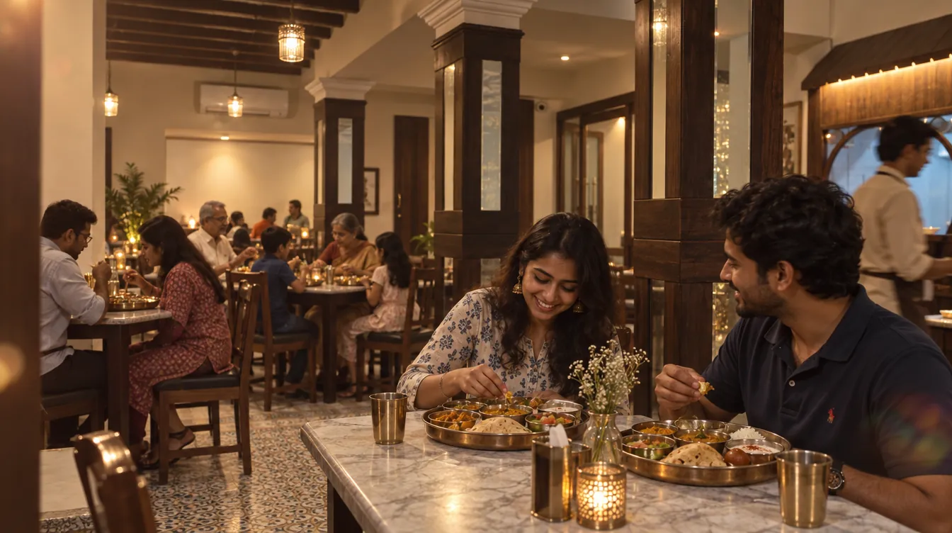 Guests sharing a North Indian thali at a table in the courtyard at La Maison Pondichéry
