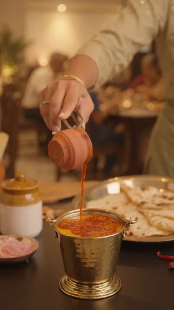 Tadka poured into dal for the North Indian thali at La Maison Pondichéry